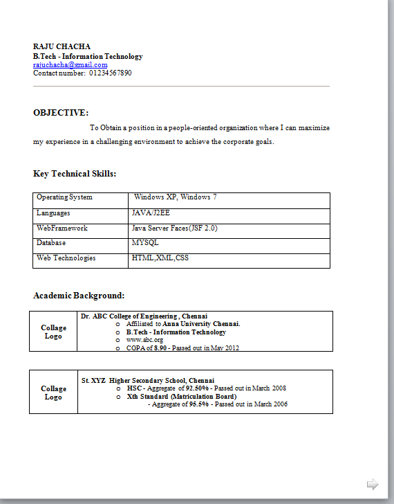 Latest resume models for freshers download